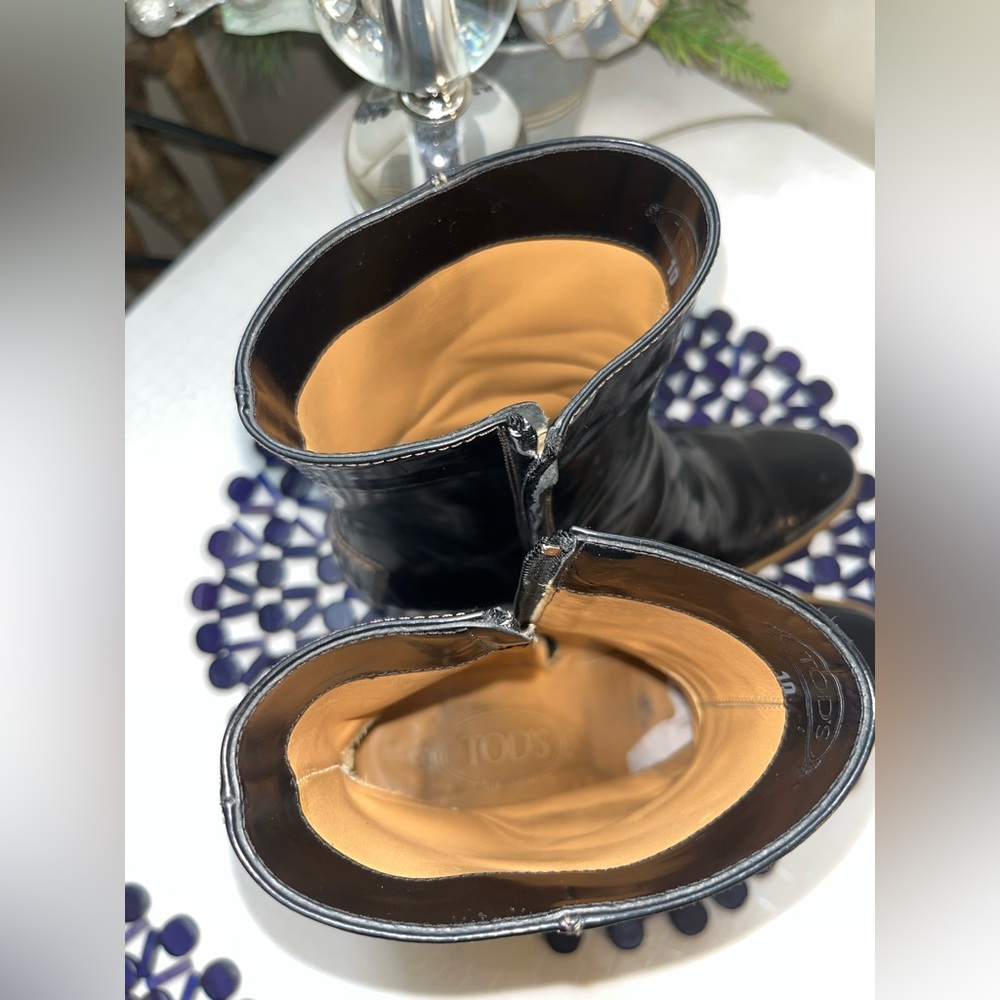 VINTAGE 80S TOD’S BLACK LEATHER ZIPPERED CREPE SOLE BOOT MADE IN ITALY SIZE 10 - Picture 7 of 16